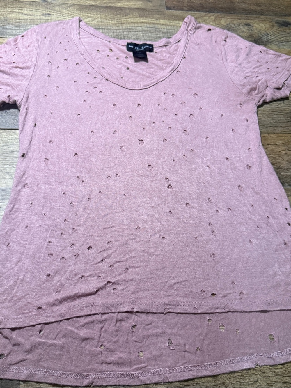 Mauve Pink Distressed High-Low Tee Shirt Medium
